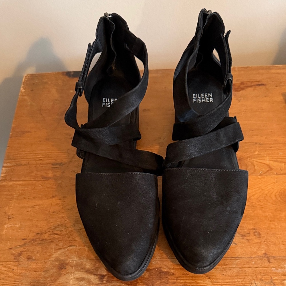 Eileen Fisher Black Suede Pointed Ankle-Strap Heels